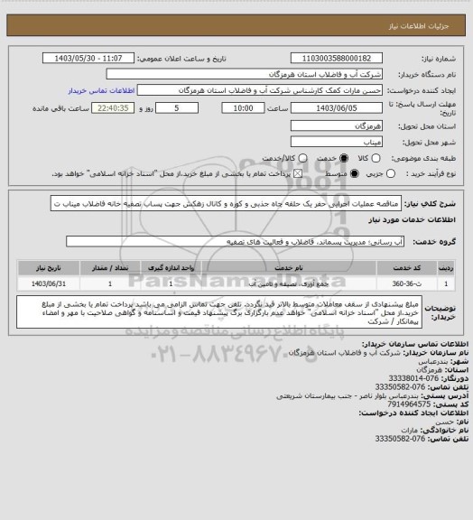 استعلام مناقصه عملیات اجرایی حفر یک حلقه چاه جذبی و کوره و کانال زهکش جهت پساب تصفیه خانه فاضلاب میناب ت