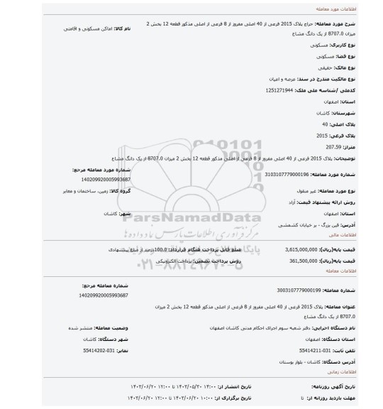 مزایده، پلاک 2015 فرعی از 40 اصلی مفروز از 8 فرعی از اصلی مذکور قطعه 12 بخش 2 میزان 8707.0 از یک دانگ مشاع