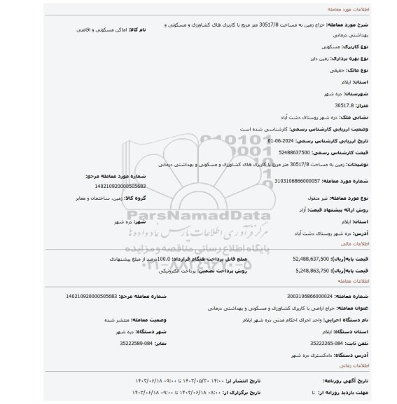 مزایده، زمین به مساحت 30517/8 متر مربع با کاربری های کشاورزی و مسکونی و بهداشتی درمانی