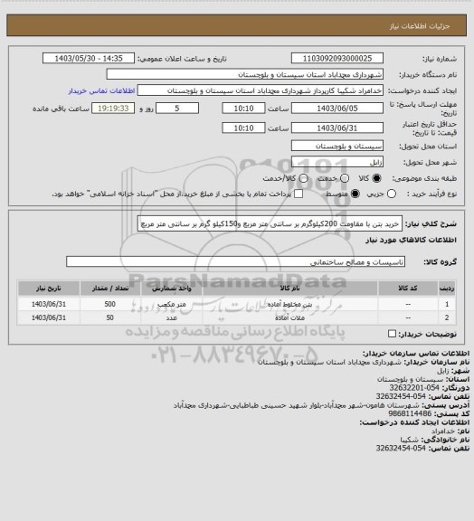 استعلام خرید بتن با مقاومت 200کیلوگرم بر سانتی متر مربع و150کیلو گرم بر سانتی متر مربع