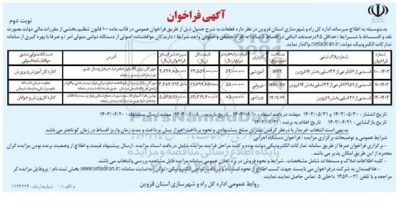 مزایده واگذاری قطعات با کاربری آموزشی، درمانی و ورزشی نوبت دوم