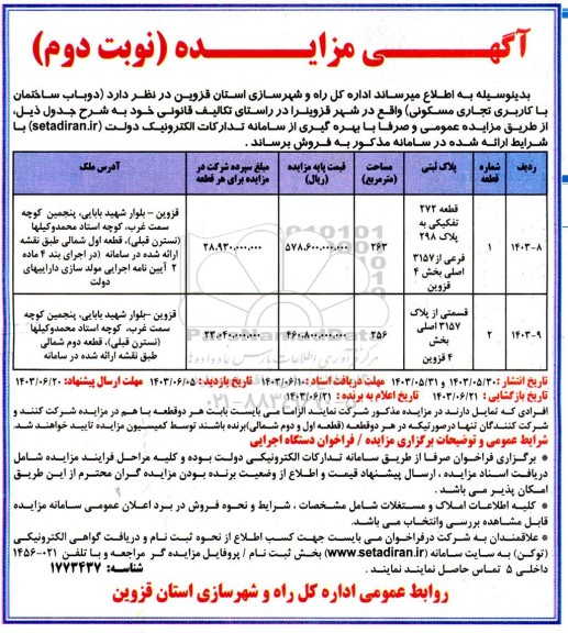 مزایده فروش دو باب ساختمان با کاربری تجاری مسکونی- نوبت دوم