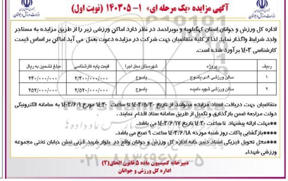 آگهی مزایده واگذاری اماکن ورزشی