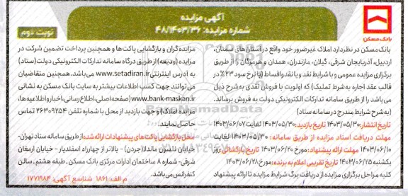 مزایده فروش املاک غیرضرور بانک نوبت دوم 