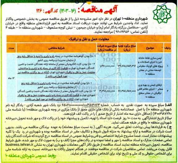 مناقصه ایمن سازی نقاط حادثه خیز با اجرای اصلاحات...