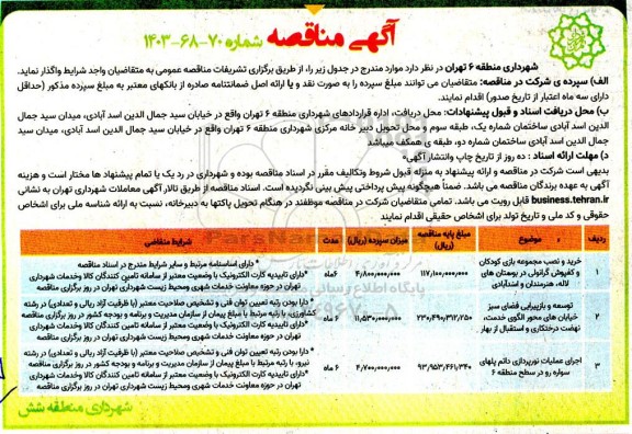 مناقصه خرید و نصب مجموعه بازی کودکان و کفپوش گرانولی در بوستان های ...