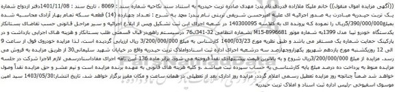 آگهی مزایده یکدستگاه خودرو تیبا مدل 1399