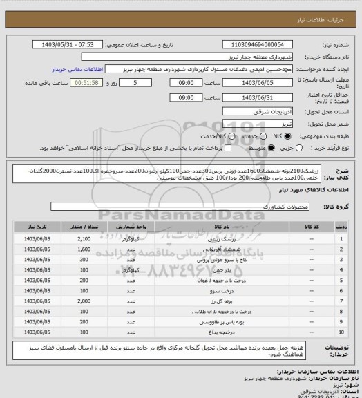 استعلام زرشک2100بوته-شمشاد1600عدد-ژونی پرس300عدد-چمن100کیلو-ارغوان200عدد-سروخمره ای100عدد-نسترن2000گلدان-ختمی100عدد-یاس طاووسی200-بوداغ100-طبق مشخصات پیوستی