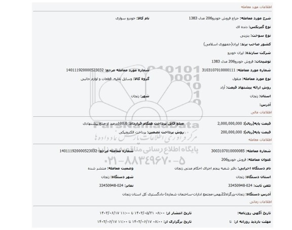 مزایده، فروش خودرو206 مدل 1383
