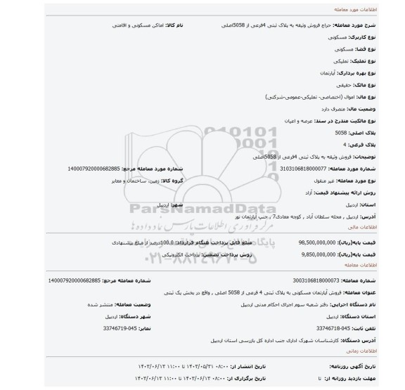 مزایده، فروش وثیقه به پلاک ثبتی 4فرعی از 5058اصلی