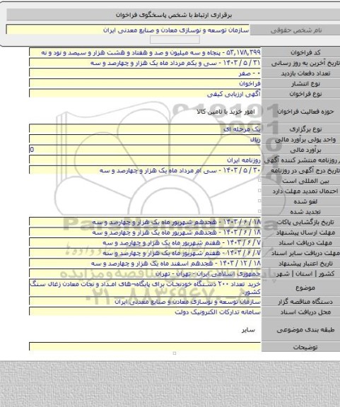 مناقصه, خرید تعداد ۲۰۰ دستگاه خودنجات برای پایگاه¬های امداد و نجات معادن  زغال سنگ کشور.