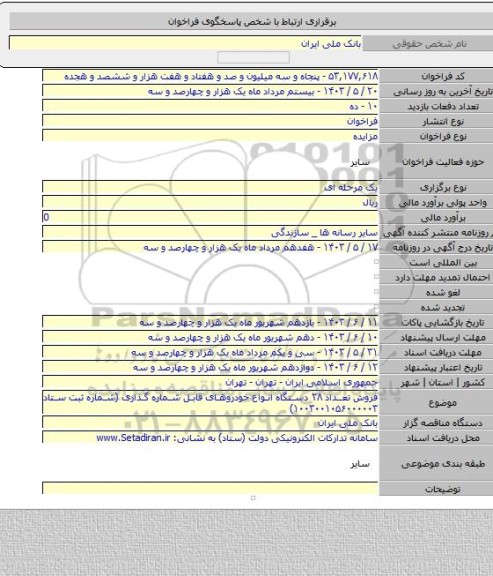 مزایده, فروش تعداد ۲۸ دستگاه انواع خودروهای قابل شماره گذاری (شماره ثبت ستاد ۱۰۰۳۰۰۱۰۵۶۰۰۰۰۰۳)