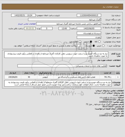 استعلام نیاز به دو دستگاه خودرو پژو یا سمند جهت سرویس دهی کارکنان گمرک میرجاوه از زاهدان و بالعکس
برآورد قیمت پیشنهادی به صورت ماهیانه باشد.