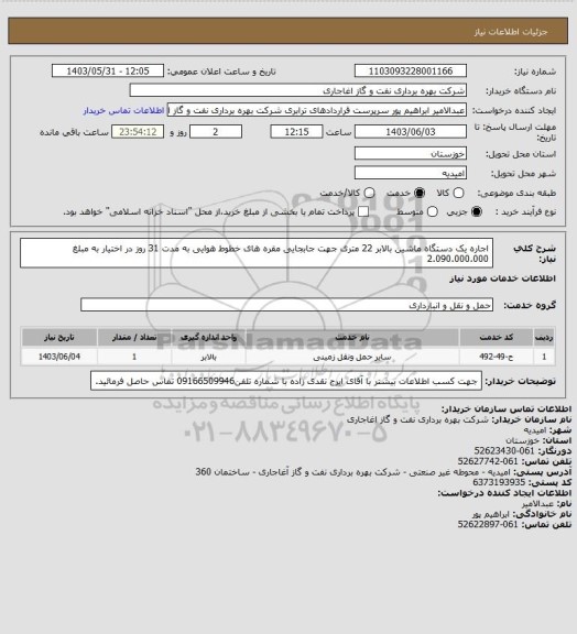 استعلام اجاره یک دستگاه ماشین بالابر 22 متری جهت جابجایی مقره های خطوط هوایی به مدت 31 روز در اختیار به مبلغ 2.090.000.000