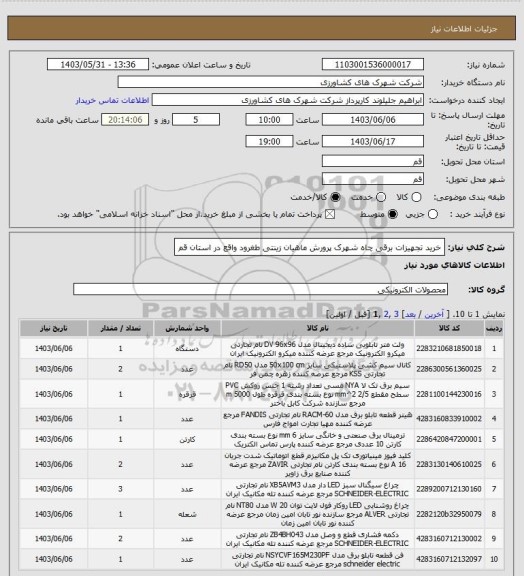 استعلام خرید تجهیزات برقی چاه شهرک پرورش ماهیان زینتی طغرود واقع در استان قم