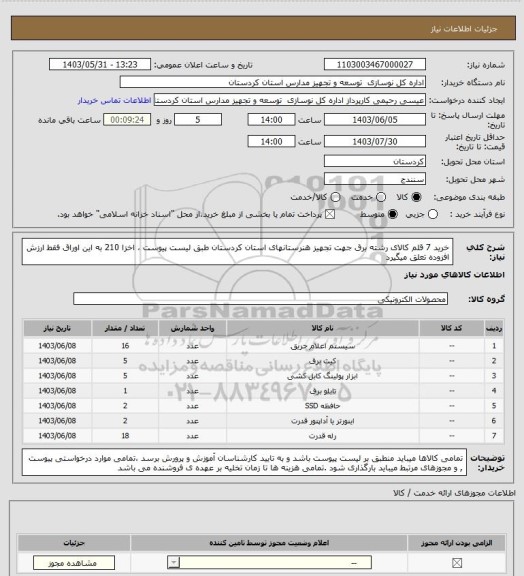 استعلام خرید 7 قلم کالای رشته برق جهت تجهیز  هنرستانهای استان کردستان طبق لیست پیوست ، اخزا 210 به این اوراق فقط ارزش افزوده تعلق میگیرد