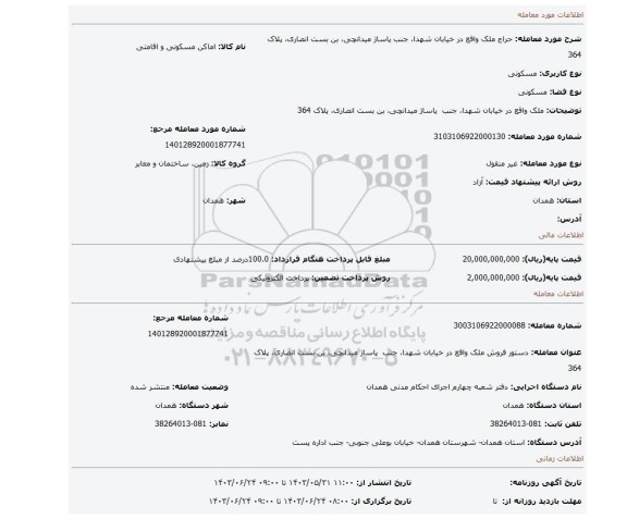 مزایده، ملک واقع در خیابان شهدا، جنب پاساژ میدانچی، بن بست انصاری، پلاک 364