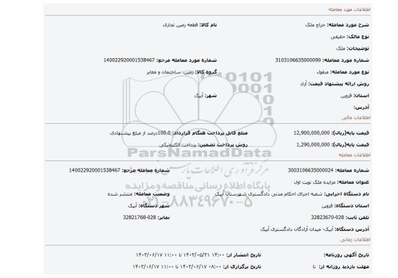 مزایده، ملک