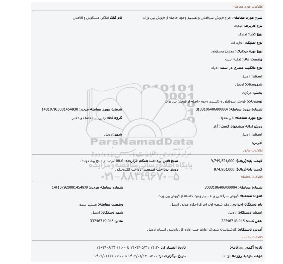 مزایده، فروش سرقفلی و تقسیم وجوه حاصله از فروش بین وراث