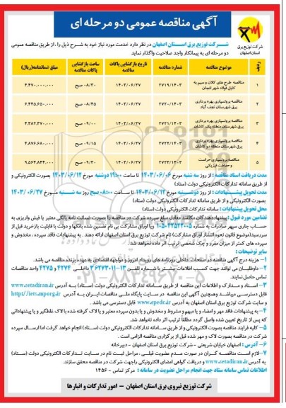 مناقصه طرح های کلان و سیم به کابل ...