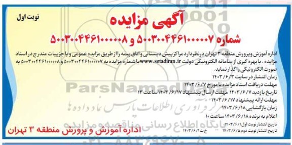 مزایده بهره گیری  مراکز پیش دبستانی و اتاق بیمه 