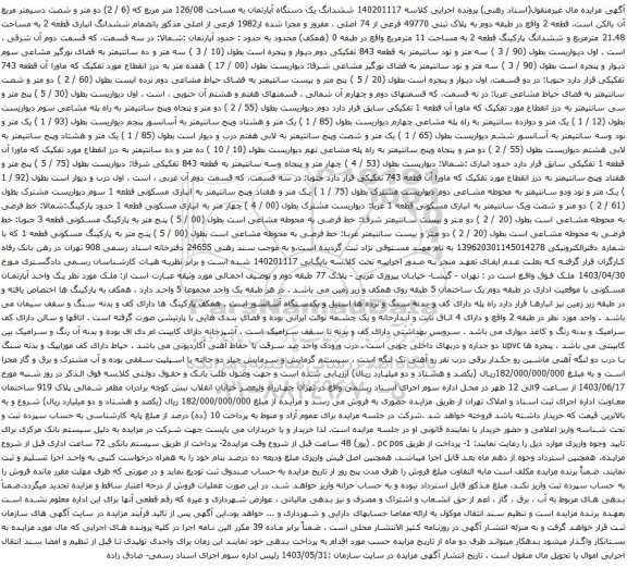آگهی مزایده ششدانگ یک دستگاه آپارتمان به مساحت 126/08 متر مربع که (6 / 2) دو متر و شصت دسیمتر مربع