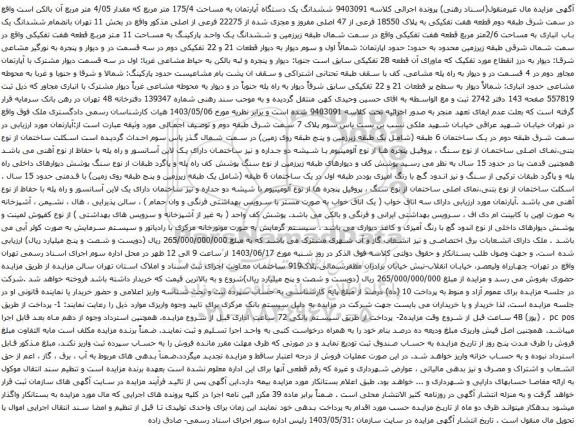 آگهی مزایده ششدانگ یک دستگاه آپارتمان به مساحت 175/4 متر مربع که مقدار 4/05 متر مربع