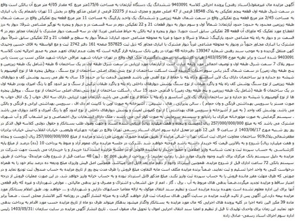 آگهی مزایده ششدانگ یک دستگاه آپارتمان به مساحت 175/6متر مربع که مقدار 4/05 متر مربع