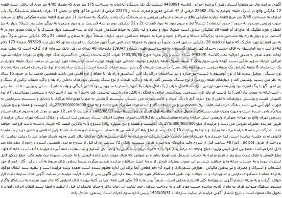 آگهی مزایده ششدانگ یک دستگاه آپارتمان به مساحت 175 متر مربع که مقدار 4/05 متر مربع