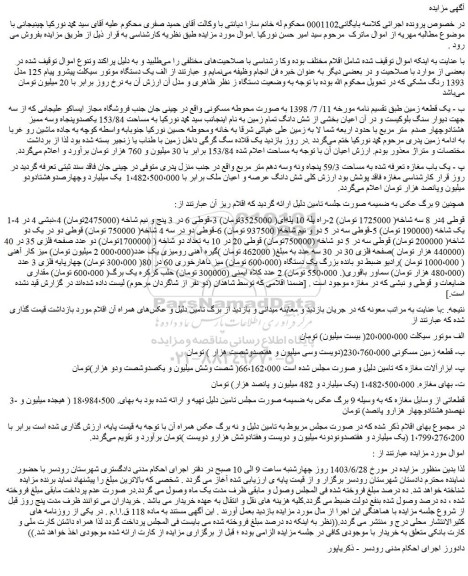 مزایده فروش یک دستگاه موتور سیکلت پیشرو پیام 125 مدل 1393 رنگ مشکی و...