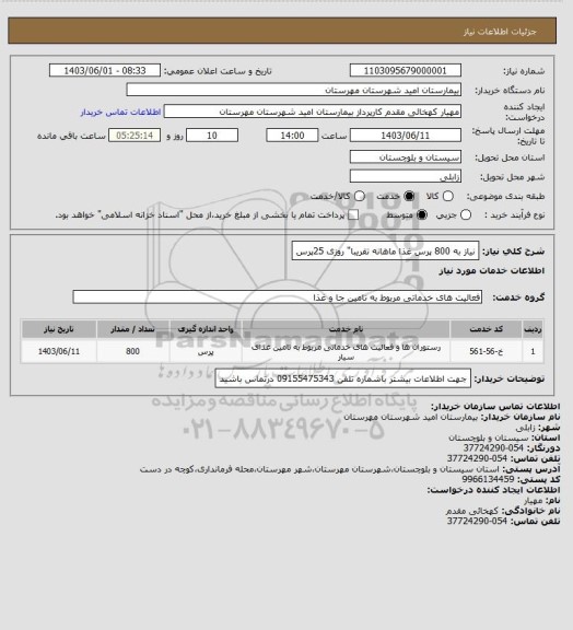 استعلام نیاز به 800 پرس غذا  ماهانه تقریبا" روزی 25پرس