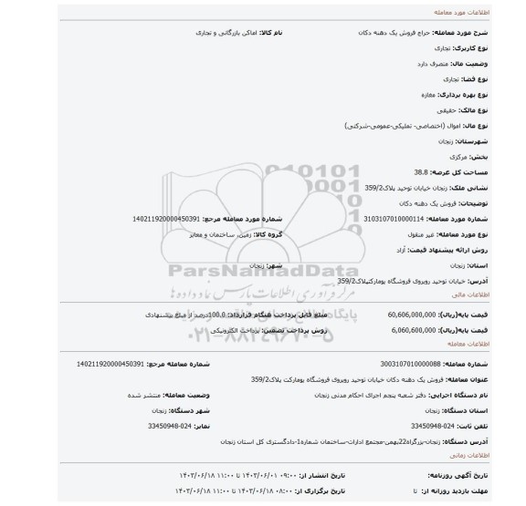 مزایده، فروش یک دهنه دکان