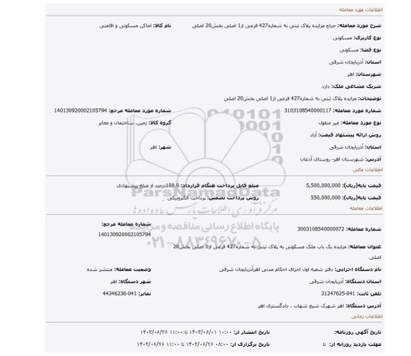 مزایده، مزایده پلاک ثبتی به شماره427 فرعی از1 اصلی بخش20 اصلی