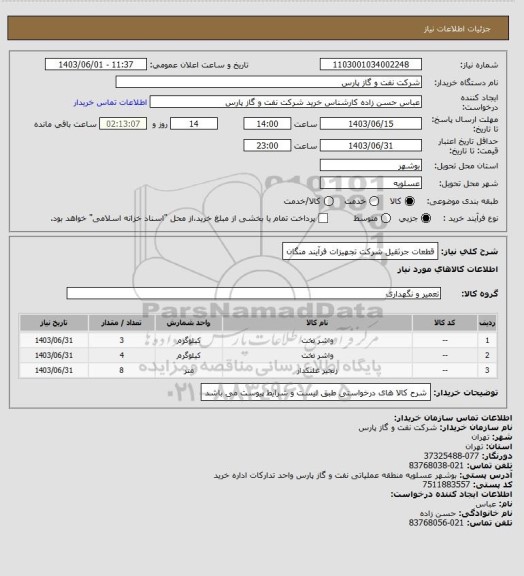 استعلام قطعات جرثقیل شرکت تجهیزات فرآیند منگان