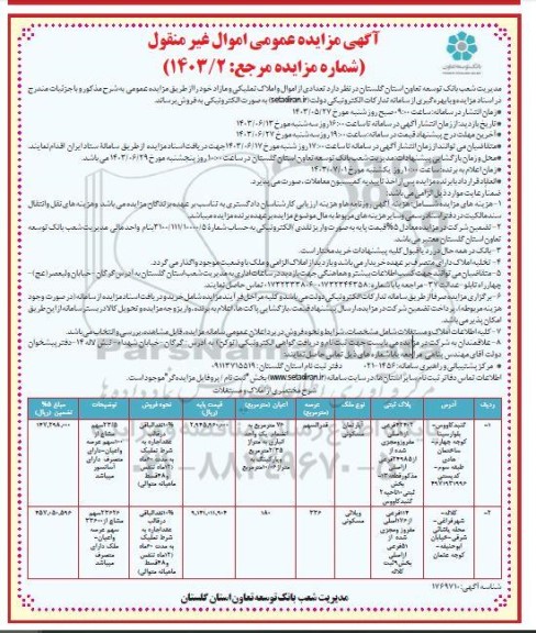 مزایده فروش تعدادی از اموال و املاک تملیکی و مازاد