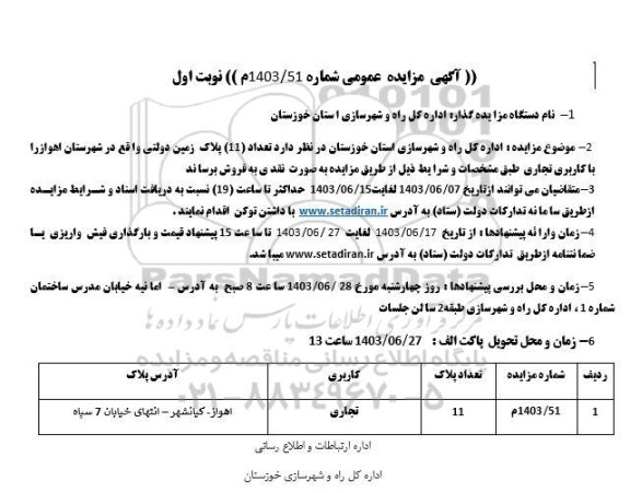 مزایده فروش 11 پلاک زمین دولتی