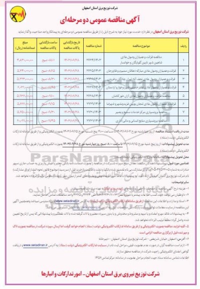 مناقصه قرائت و همیاران وصول عادی ....