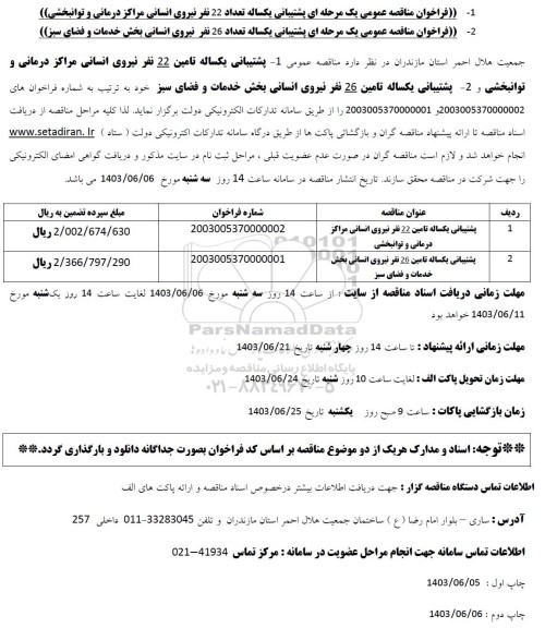 فراخوان مناقصه پشتیبانی یکساله تامین 22 نفر نیروی انسانی مراکز درمانی و توانبخشی و...