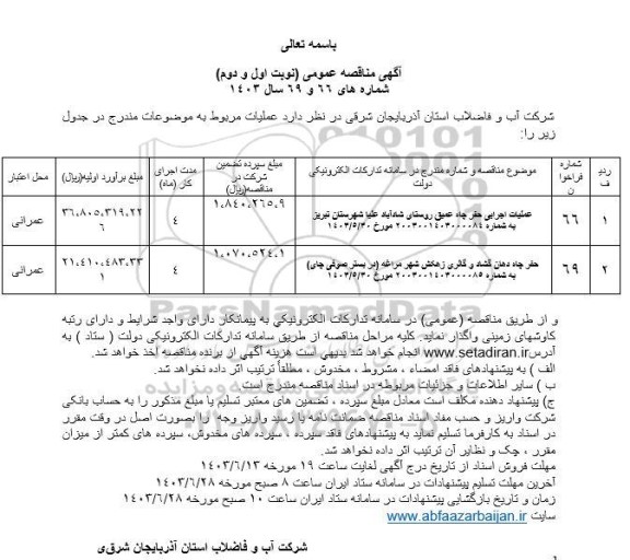 مناقصه عملیات اجرایی حفر چاه عمیق ...