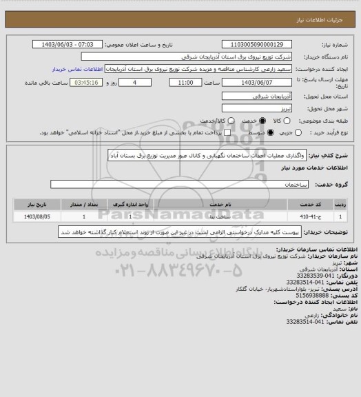 استعلام واگذاری عملیات احداث ساختمان نگهبانی و کانال عبور مدیریت توزیع برق بستان آباد