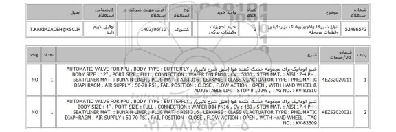 استعلام انواع شیرها واکچویتورهای ابزاردقیقی وقطعات مربوطه