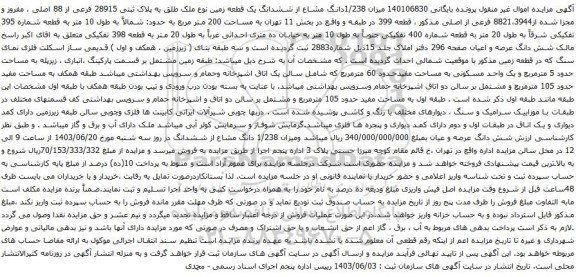 آگهی مزایده میزان 1/238دانگ مشاع از ششدانگ یک قطعه زمین نوع ملک طلق به پلاک ثبتی 28915 فرعی از 88 اصلی ، مفروز و مجزا شده از8821،3944 فرعی از اصلی