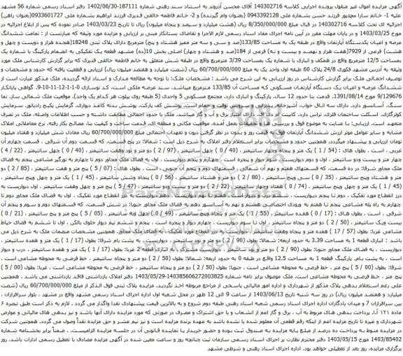 آگهی مزایده ششدانگ عرصه و اعیان یکدستگاه آپارتمان واقع در طبقه یک به مساحت 133/85(صد و سی و سه متر ممیز هشتاد و پنج) مترمربع