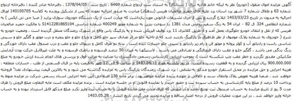 مزایده یک دستگاه خودروی سواری پراید ( صبا جی تی ایکس )