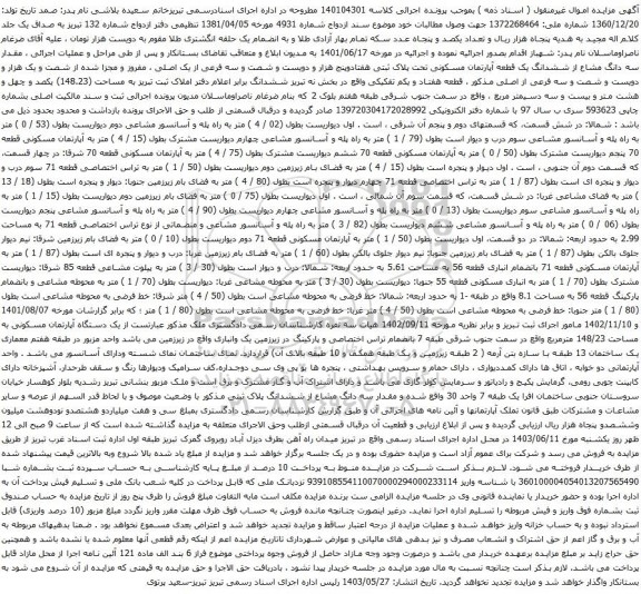 مزایده سه دانگ مشاع از ششدانگ یک قطعه آپارتمان مسکونی تحت پلاک ثبتی هفتادوپنج هزار و دویست و شصت و سه فرعی از یک اصلی 