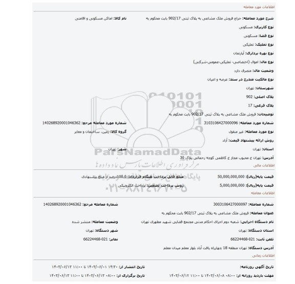 مزایده، فروش ملک مشاعی به پلاک ثبتی 902/17 بابت محکوم به