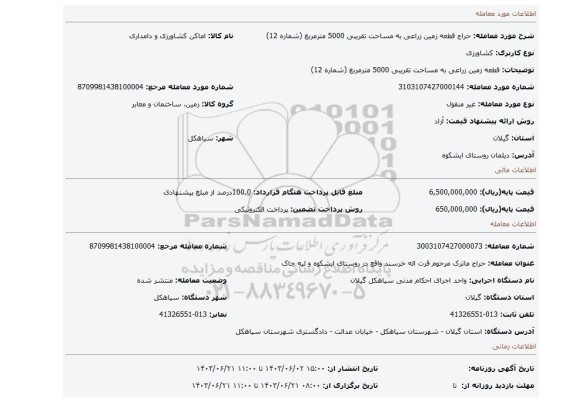 مزایده، قطعه زمین زراعی به مساحت تقریبی 5000 مترمربع (شماره 12)