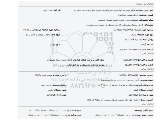 مزایده، فروش محصول سردرختی باغ زیتون منجیل -باغ محوطه سد سفیدرود
