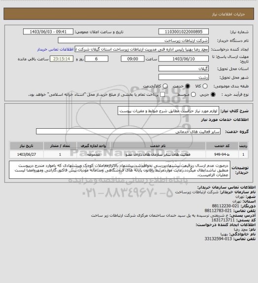 استعلام لوازم مورد نیاز حراست مطابق شرح ضوابط و مقررات پیوست