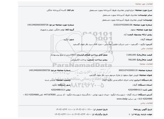 مزایده، فروش مقادیری ظروف آشپزخانه بصورت مستعمل